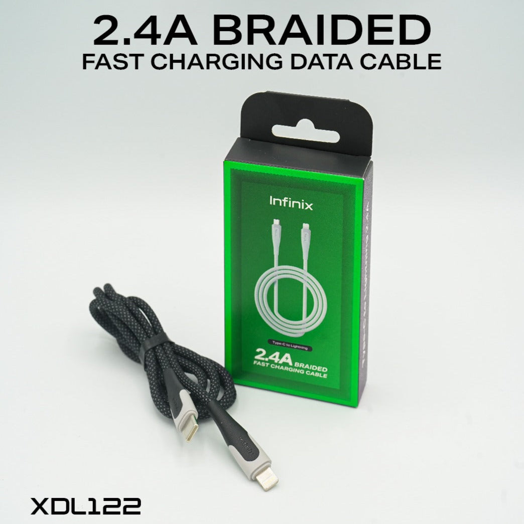 Infinix 2.4A braided fast charging data cable with packaging on a white background