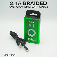 Infinix 2.4A braided fast charging data cable with packaging on a white background
